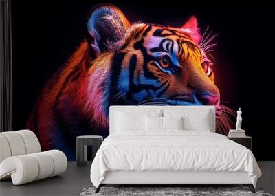 Close-up portrait of a tiger with vibrant neon colors against a black background. Wall mural