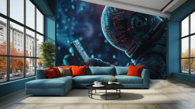 illustration of astronaut in space suit virtual data space wearing  figure accessing virtual terminal Wall mural