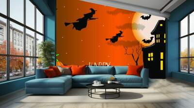 Tarjeta de felicitación para halloween, casa aterradora rodeada de murciélagos, dos brujas volando en sus escobas y calabazas malvadas en medio del campo oscuro y espeluznante
 Wall mural