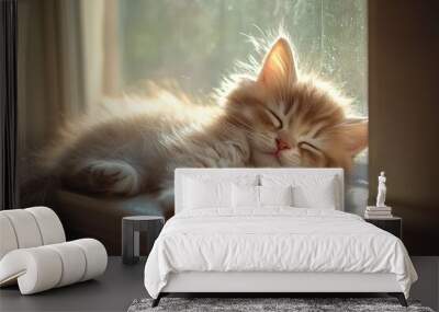 Cozy Kitten Napping in Sunlight: Adorable Feline Relaxation Wall mural