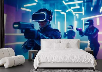 An immersive virtual reality gaming environment, gamers in futuristic avatars battling in a digital arena, Gaming technology style Wall mural