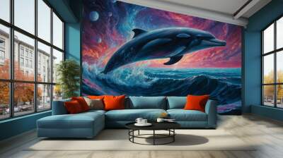 A synthwave idyllic creature emerges from a vibrant haze of neon colors, its sleek and streamlined form glowing with a soft, ethereal light. Wall mural