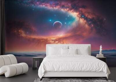 In a mesmerizingly ethereal composition, a digitalized unearthly galactic nomad wanders through the vast expanse of a surreal cosmic landscape. Wall mural