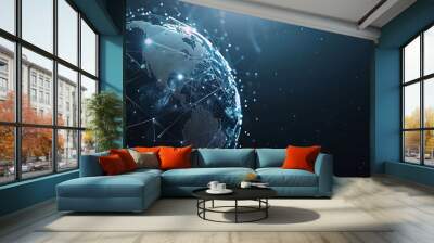 Globe earth hologram on dark background with copy space. Neural network connection. Communication with artificial intelligence. Wall mural