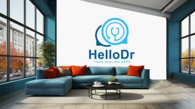 Medical care logo design. Hello doctor abstract vector. Bubble chat and stethoscope icon symbol. Wall mural