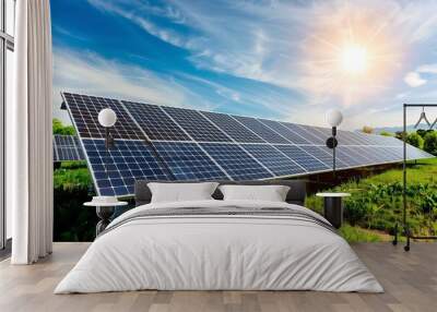 Photovoltaic solar panels on blue sky background image. Wall mural