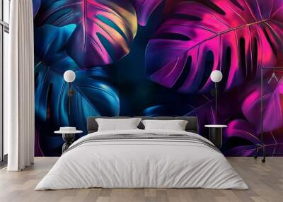 Vibrant neon tropical leaves with glossy textures, illuminated by colorful gradient lighting on a dark background. Wall mural