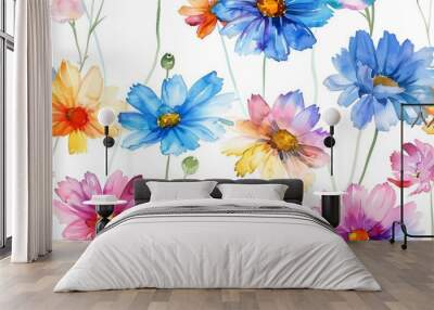 Watercolors of daisy flowers, seamless pattern tile. Wall mural