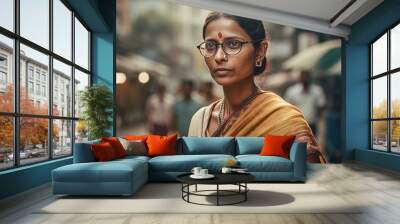 AI generated Indian woman wearing saree on the street  Wall mural