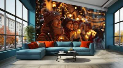 A group of cheerful carolers stands in a snowy village, holding candles and singing together. The atmosphere is festive, adorned with sparkling lights and a gentle snowfall. Wall mural