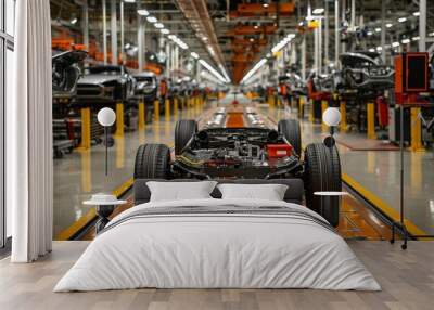 An automotive factory features the midway point of car production, highlighting chassis on the assembly line, surrounded by workers and machinery in a bustling manufacturing environment Wall mural