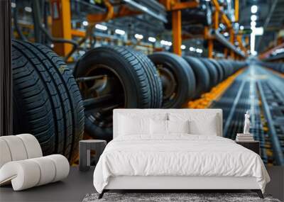 New tires are moving along a conveyor system in a manufacturing facility, showcasing the efficient production process during daylight hours Wall mural