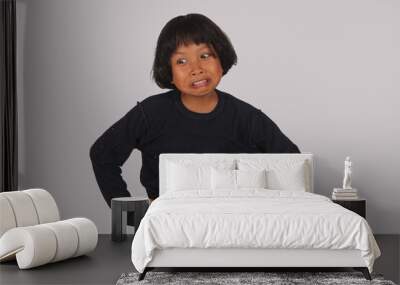 happy asian girl with unique expression, black clothes and short hair, headshot front view, isolated studio shot.
 Wall mural