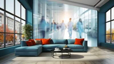 Blurred image of Hospital Lobby. Doctors, Nurses, Assistant Personnel and Patients Working and Walking in the Lobby of the Medical Facility Wall mural