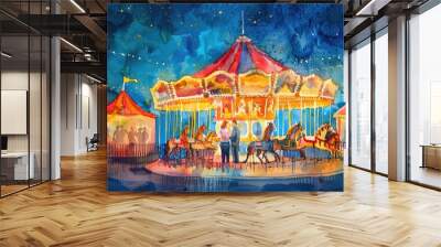 Children's Carousel at an amusement park in the evening and night illumination. amusement park at night. amusement park Wall mural