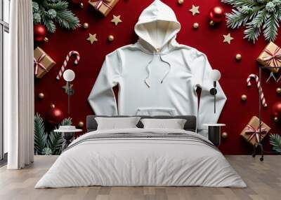 christmas gift wrapping on a red background with a white hoodie mockup Wall mural