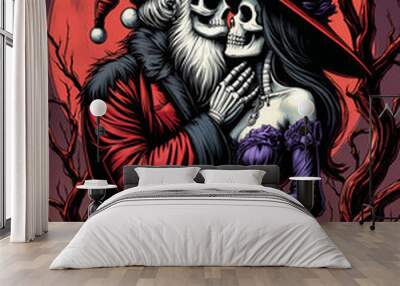 Skeleton Santa and Witch Bride: Love in a Gothic Wedding Scene Wall mural