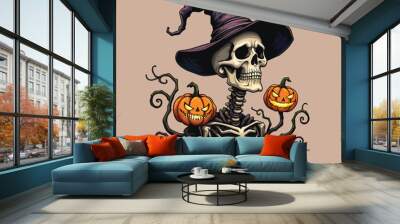 Spooky Skull Witch with Jack-o'-Lantern - Halloween Vector Design Wall mural