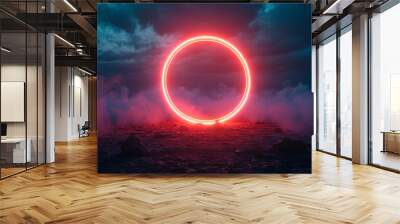 3d render, abstract with round frame neon light ring on dark night sky. Glowing geometric shape Wall mural