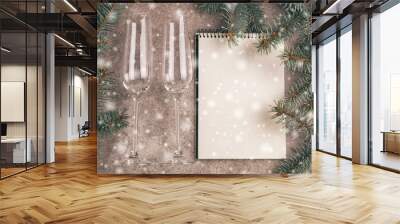 Two wineglasses and scratchpad  for wishes with Christmas tree Wall mural