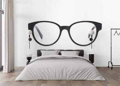 Black eyeglasses in round frame transparent for reading or good vision, front view isolated on white background Wall mural