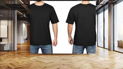 black t-shirt on a young man white background, front and back Wall mural