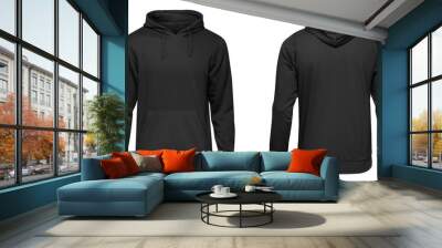 Blank black male hoodie sweatshirt long sleeve, mens hoody with hood for your design mockup for print, isolated on white background. Template sport winter clothes Wall mural