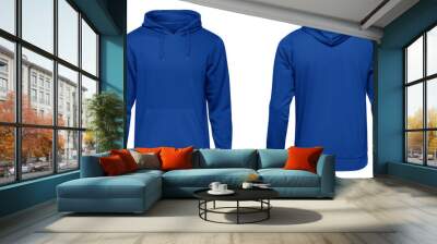 Blank blue mens hooded sweatshirt long sleeve, mens hoody with hood for your design mockup for print, isolated on white background. Template sport winter clothes Wall mural