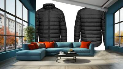 Blank template black down jacket with zipped, front and back view isolated on white background. Mockup winter sport jacket for your design Wall mural