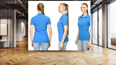 set promo pose girl in blank blue polo shirt mockup design for print and concept template young woma Wall mural