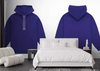 Template blank flat violet hoodie. Hoodie sweatshirt with long sleeve flatlay mockup for design and print. Hoody front and back top view isolated on white background Wall mural