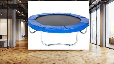 Trampoline for children and adults for fun indoor or outdoor fitness jumping on white background. Blue trampoline Isolated  Wall mural