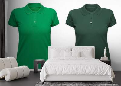 Woman green polo shirt isolated on white. Mockup female polo t-shirt front view with short sleeve Wall mural