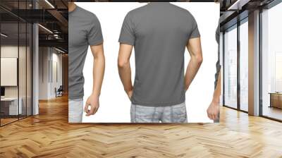 Young male in blank gray t-shirt, front and back view, isolated white background. Design men tshirt template and mockup for print Wall mural