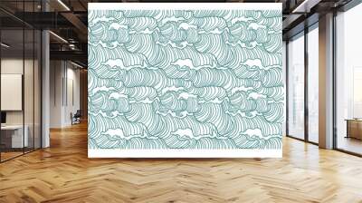 Horizontal seamless pattern of surging waves in a turquoise line. Design for backdrops with sea, rivers or water texture. Wall mural