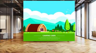 Camping cabin banner design, flat style illustration Wall mural