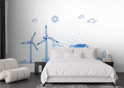 Landscape with Modern House, Solar Panels and Wind Turbines. Eco House, Energy Effective House, Green Energy concept banner design. Flat style vector illustration. Wall mural