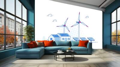 Landscape with Modern House, Solar Panels and Wind Turbines. Eco House, Energy Effective House, Green Energy concept banner design. Flat style vector illustration. Wall mural