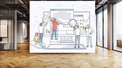 Business, web development, collaboration, teamwork concept. Team of young businessmen women clerks managers coworkers coding working together on website developing. Project cooperation annd analysis. Wall mural