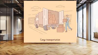 Cargo transportation service, delivery boy carrying box to truck, warehouse worker, courier loading containers banner Wall mural