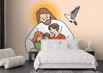 Christianity and religious education concept. Kind smiling Jesus in white clothing standing and hugging happy family with child taking care vector illustration  Wall mural