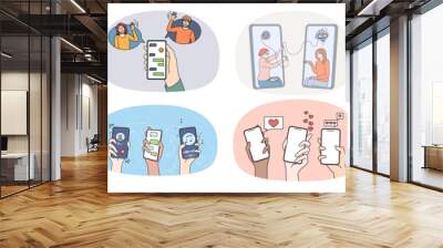 Collection of people hands use new technologies communicate on internet on smartphone gadget. Set of humans hold cellphones enjoy online communication on device. Virtual life. Vector illustration.  Wall mural