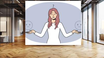 Confused young woman feel frustrated choose mood for day. Unhappy unsure female doubtful about customer experience or feedback. Vector illustration. Wall mural