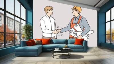 Cooperation between management and engineering concept. Young smiling men engineer constructor and manager customer standing shaking hands after successful collaboration vector illustration  Wall mural