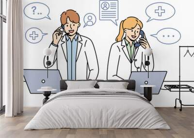 Doctors work in clinic telephone helpline and answer patients questions by phone standing near table with papers and computers. Two doctors with smile sign up clients for session with therapist Wall mural