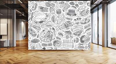 Hand drawn meat dish set doodle vector background Wall mural