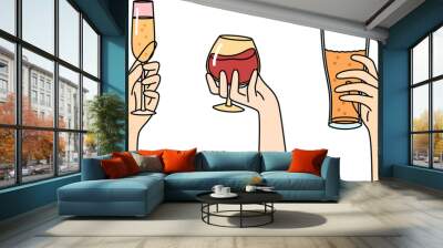 Hands people with glasses filled with alcoholic drinks, offering to drink beer or wine with champagne. Assortment of alcoholic beverages to decorate menu of restaurant bar or cafe with strong drinks Wall mural