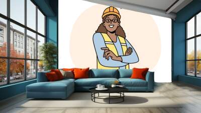 Happy African American female worker in uniform posing outdoors. Smiling biracial woman employee in helmet. Engineer occupation. Vector illustration. Wall mural