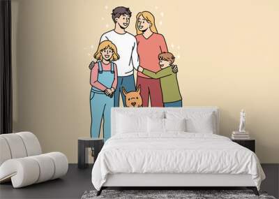 Happy family and pets concept. Smiling loving family father mother and children standing embracing each other with their dog during walk vector illustration  Wall mural