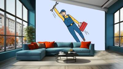 Happy man superhero plumber with wrench ready to help client or customer. Smiling mechanic or engineer plumb fix repair equipment. Job work occupation concept. Vector illustration.  Wall mural